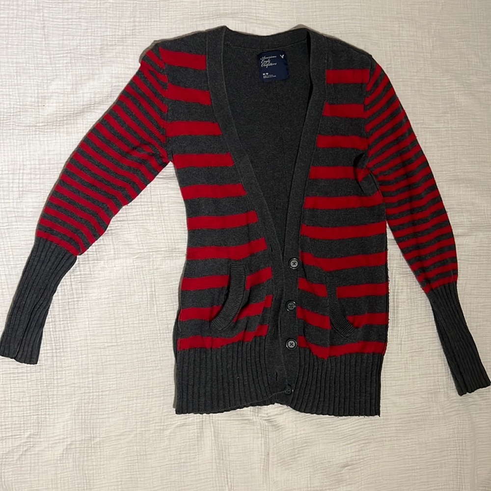 American Eagle-Gray and Red Striped Cardigan